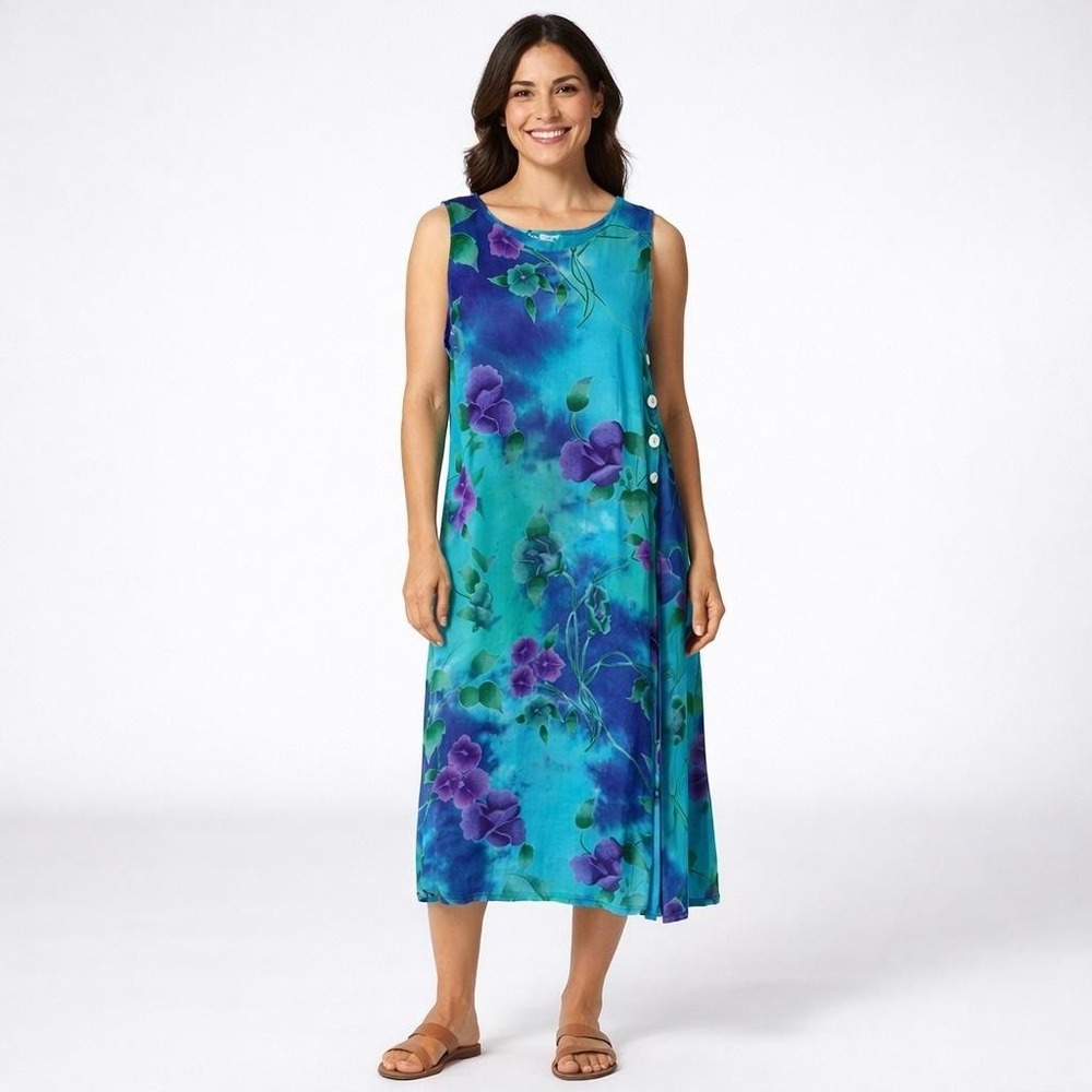 LaCera Floral Midi Shift Dress Womens S Blue Crinkle Beach Casual Relaxed Boho